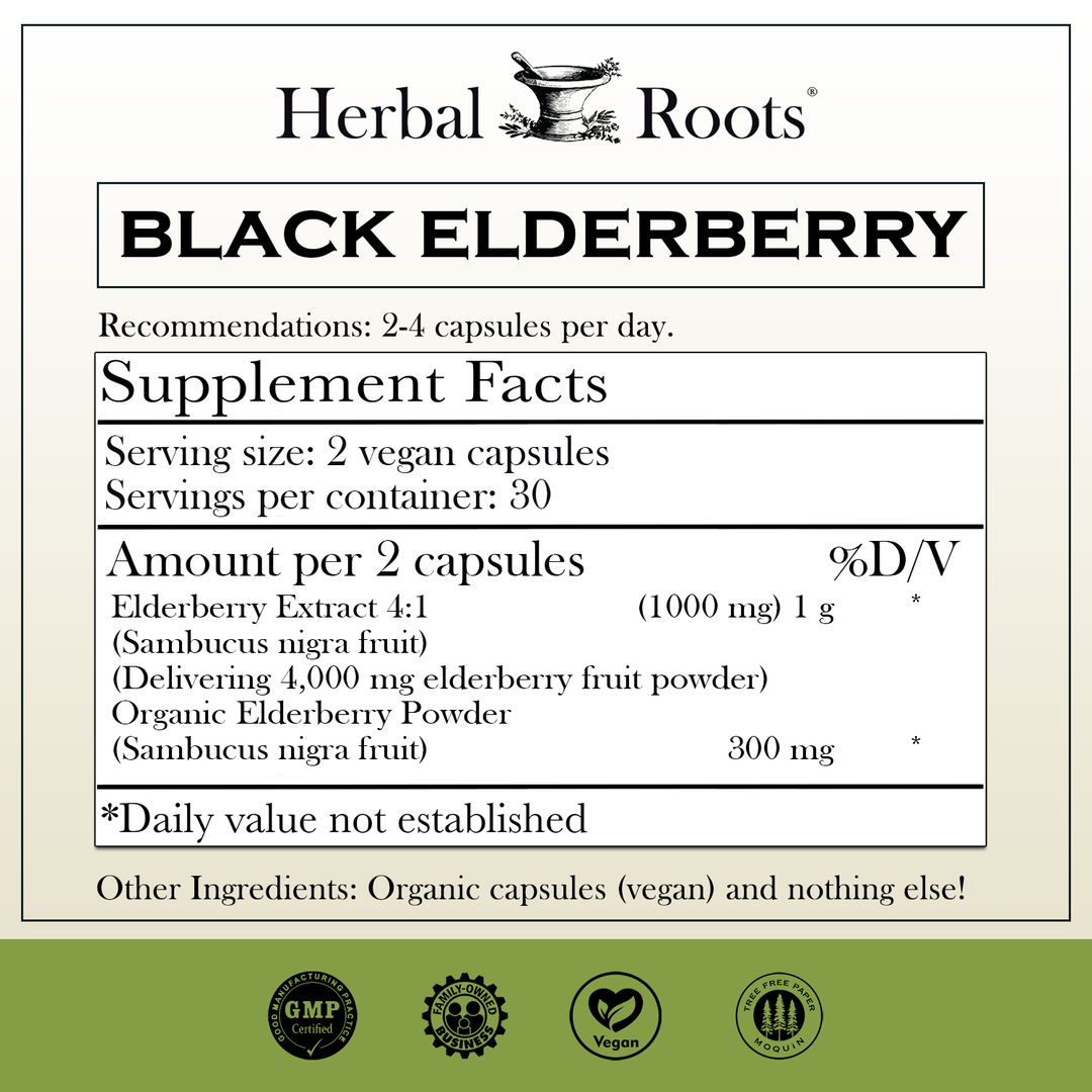 Herbal Roots Black Elderberry supplement facts label with serving size as 2 vegan capsules, 30 servings per container. Amount per 2 capsules is 1000 mg of 4:1 Elderberry extract, 300mg of organic elderberry powder. Other ingredients: Organic capsules (began) and nothing else! There are GMP certified, family owned business, vegan and tree free paper badges.
