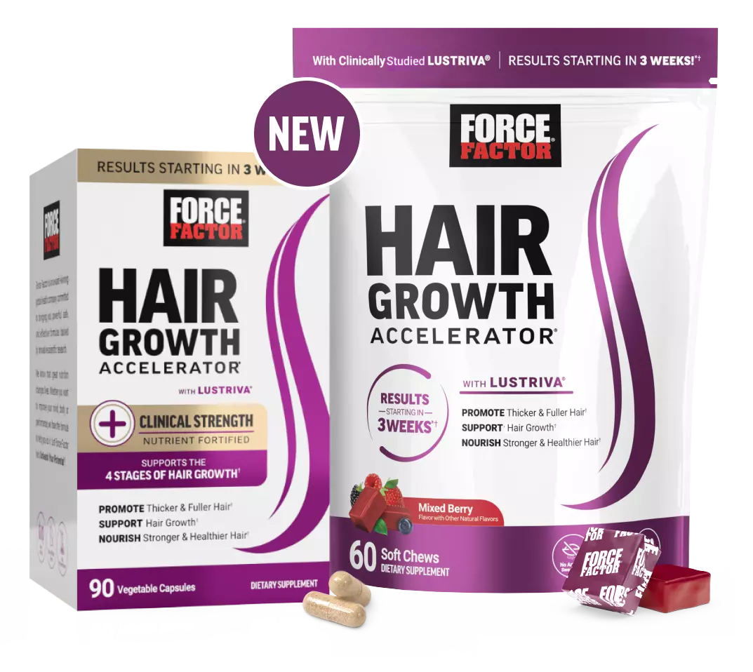 hair growth accelerator capsules and soft chew with a new badge