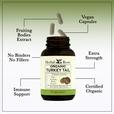 Bottle of Herbal Roots organic turkey tail with capsules coming out of the top. Several benefits listed around the bottle. No binders, No fillers, immune support, certified organic, extra strength, fruiting bodies extract, vegan capsules.