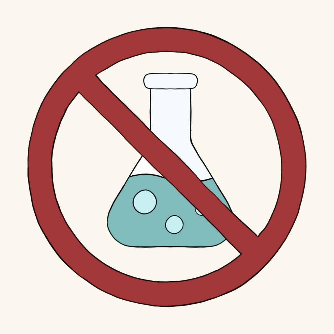 Illustration of No harsh acids, chemicals, preservatives, and artificial fragrances symbol