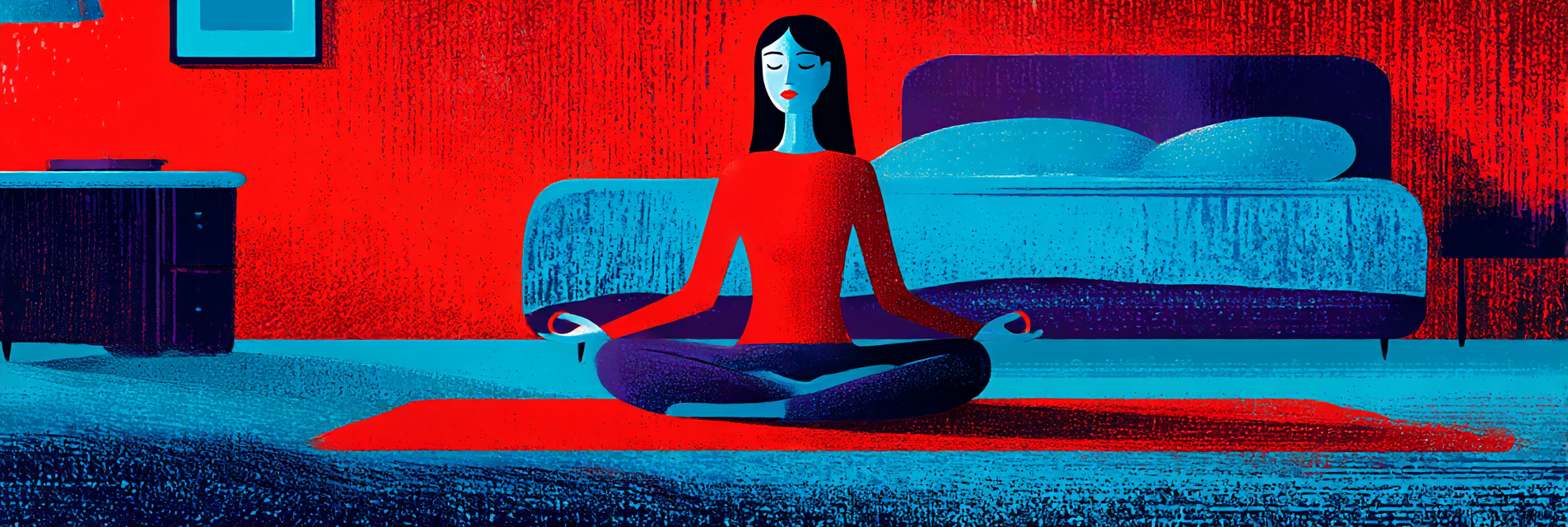 A woman in the lotus position, meditating on the floor of her bedroom to relax before bed and prevent insomnia.