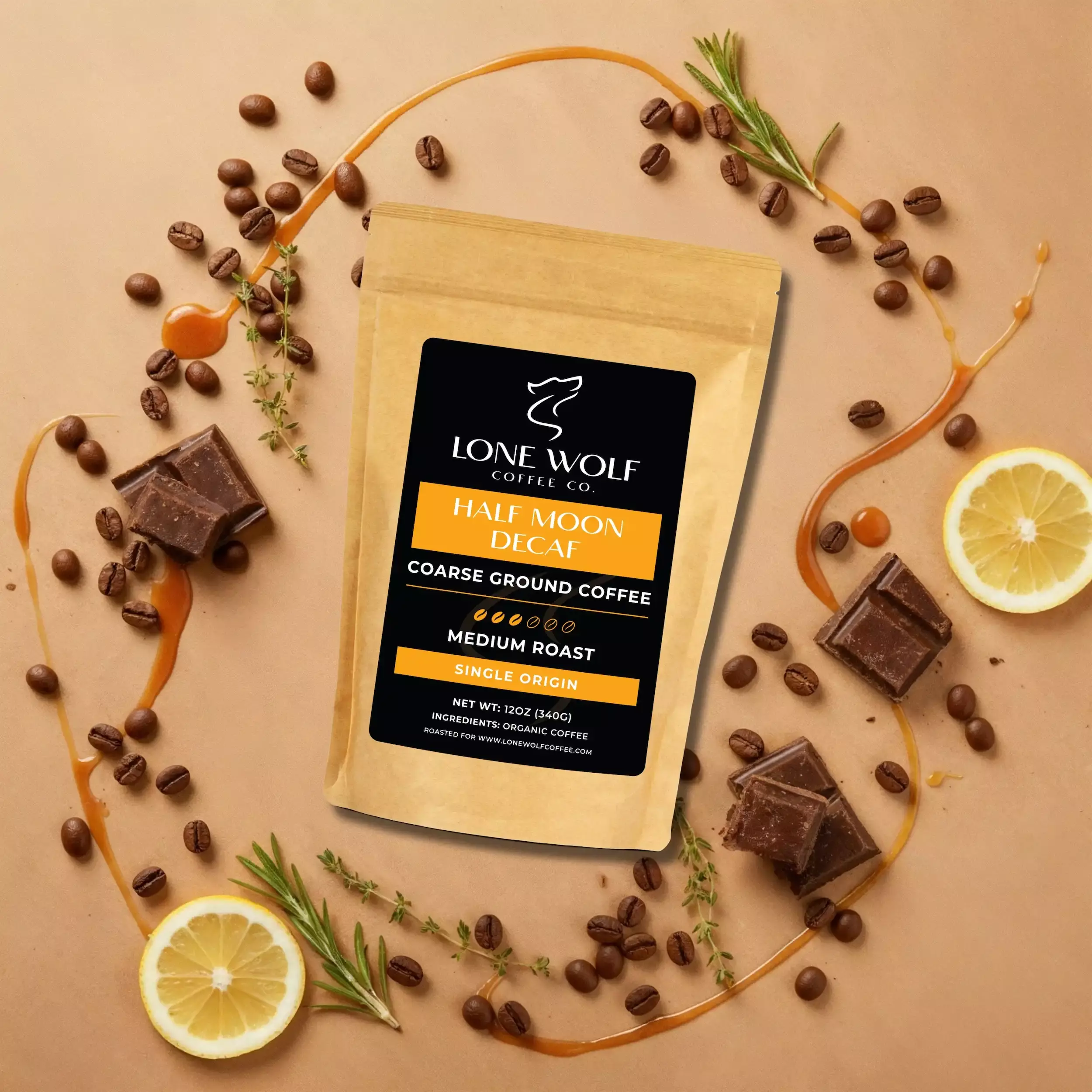 Half Moon Decaf coarse ground flavor profile image showing Lone Wolf Coffee with chocolate, lemon, herbs, and gentle sweetness.