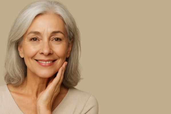Older woman with glowing, hydrated skin.