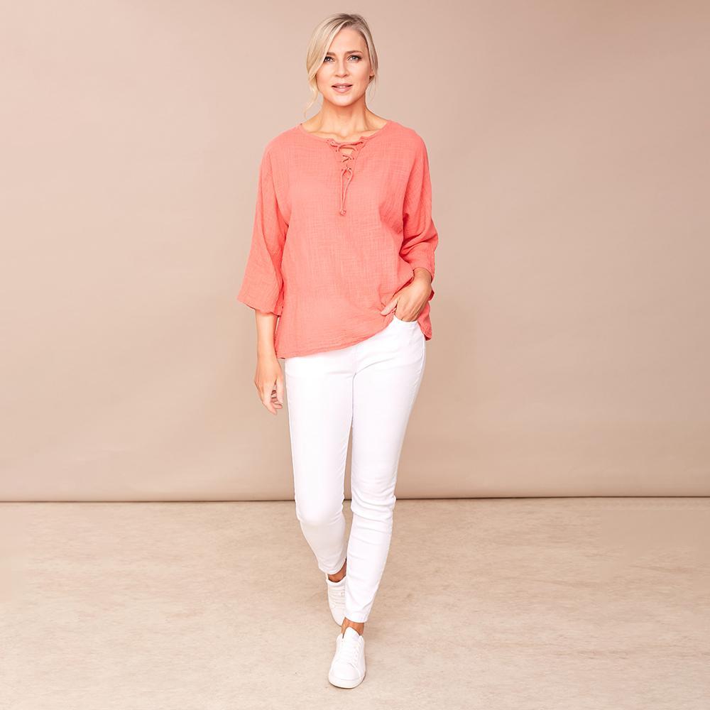 Donna Tie Lace Linen Top Coral