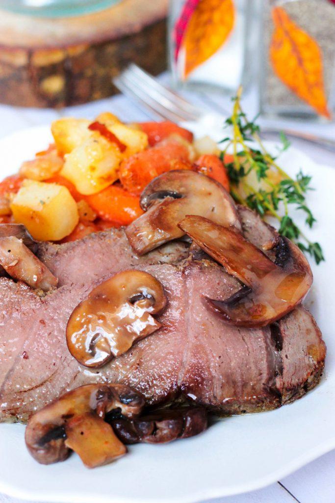 Dijon Sirloin Tip Roast with Brown Butter Mushrooms