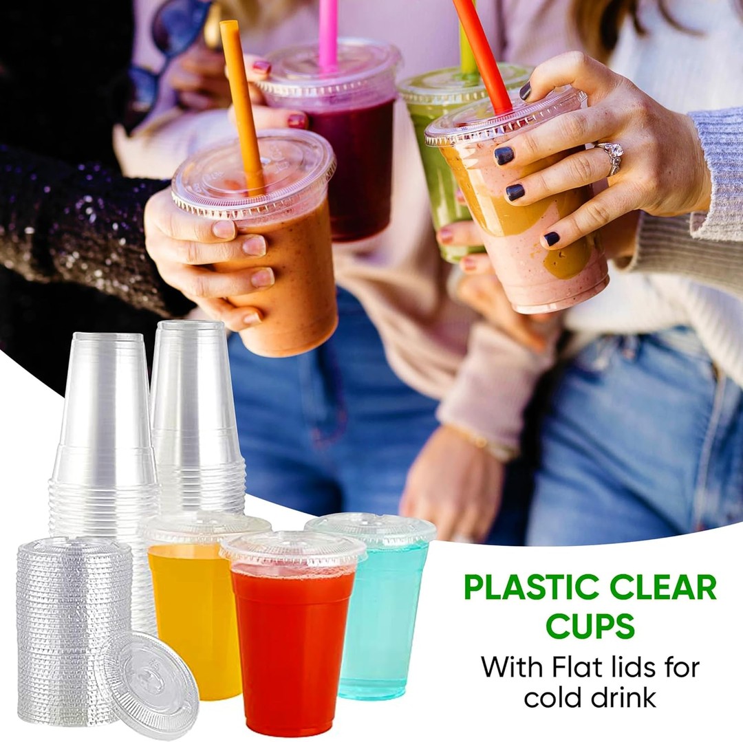 16 Oz Disposable Plastic Clear Cups with Flat Lids with Straw Slot