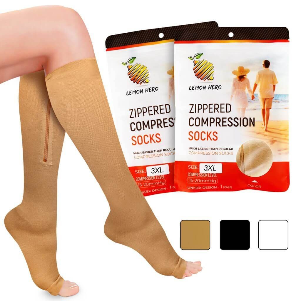Zipper Medical Compression Socks With Open Toe Zipper Stocking for Varicose  Veins Edema Swollen or Sore Legs (Tan, Black)