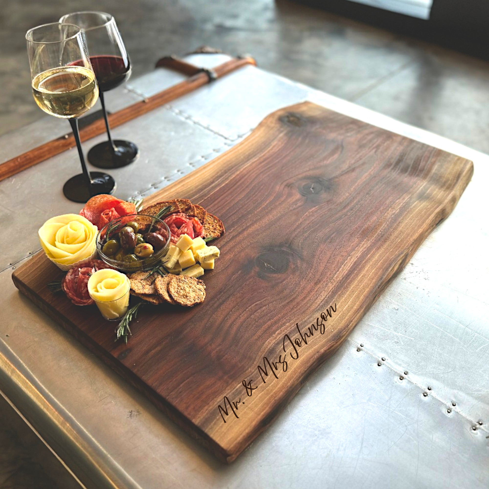 Personalized full natural live edge walnut charcuterie board with organic edge and custom engraving