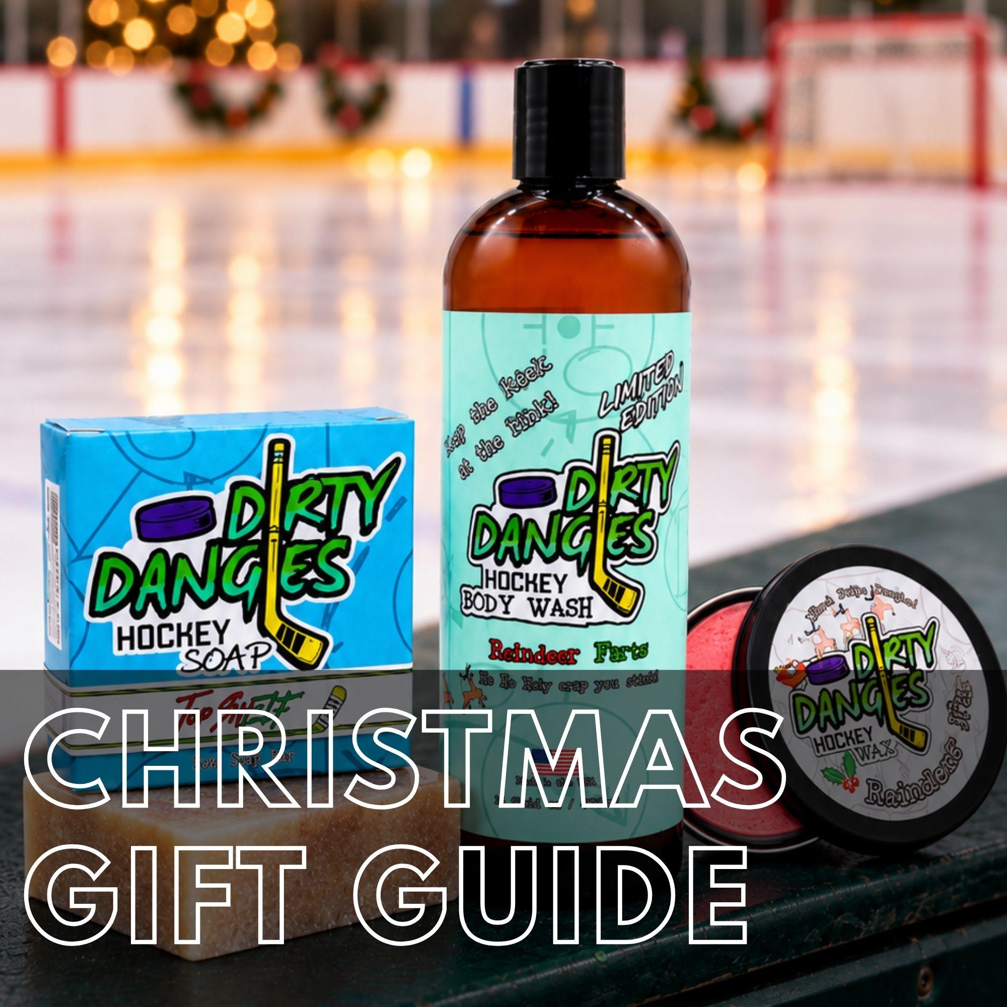 Dirty dangles reindeer farts Christmas stick wax and body wash with top shelf Christmas hockey soap in an ice rink with festive Christmas decor. Christmas Gift Guide