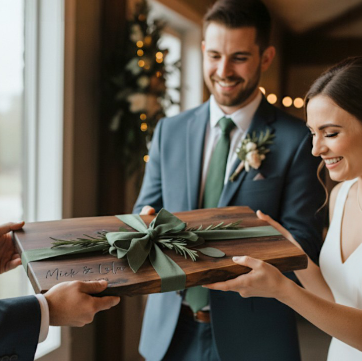 Newlywed couple receiving custom engraved wooden charcuterie board as a meaningful wedding gift