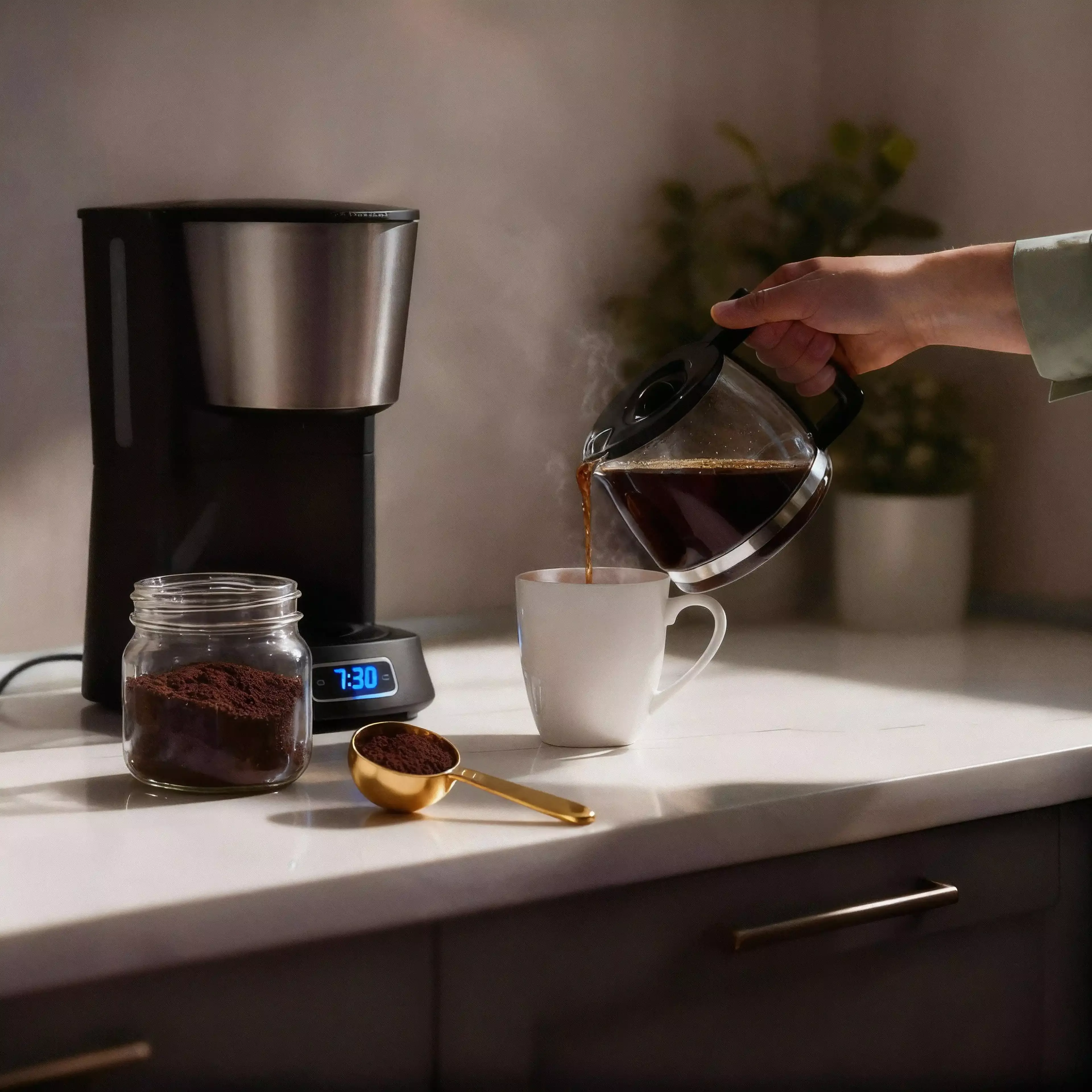Hand pouring hot brewed coffee from a drip machine into a white mug on a kitchen counter.