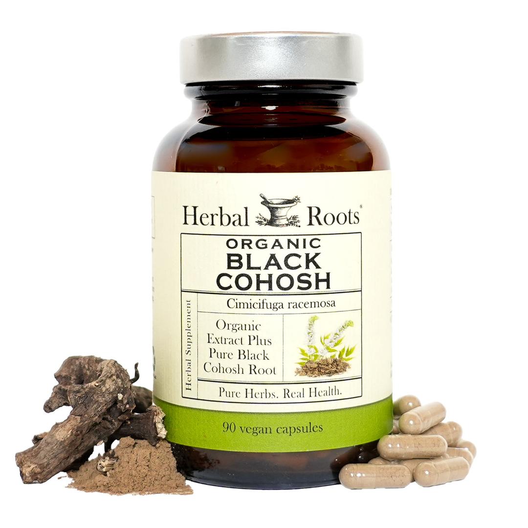 Bottle of Herbal Roots Organic Black Cohosh with capsules on the left of the bottle.