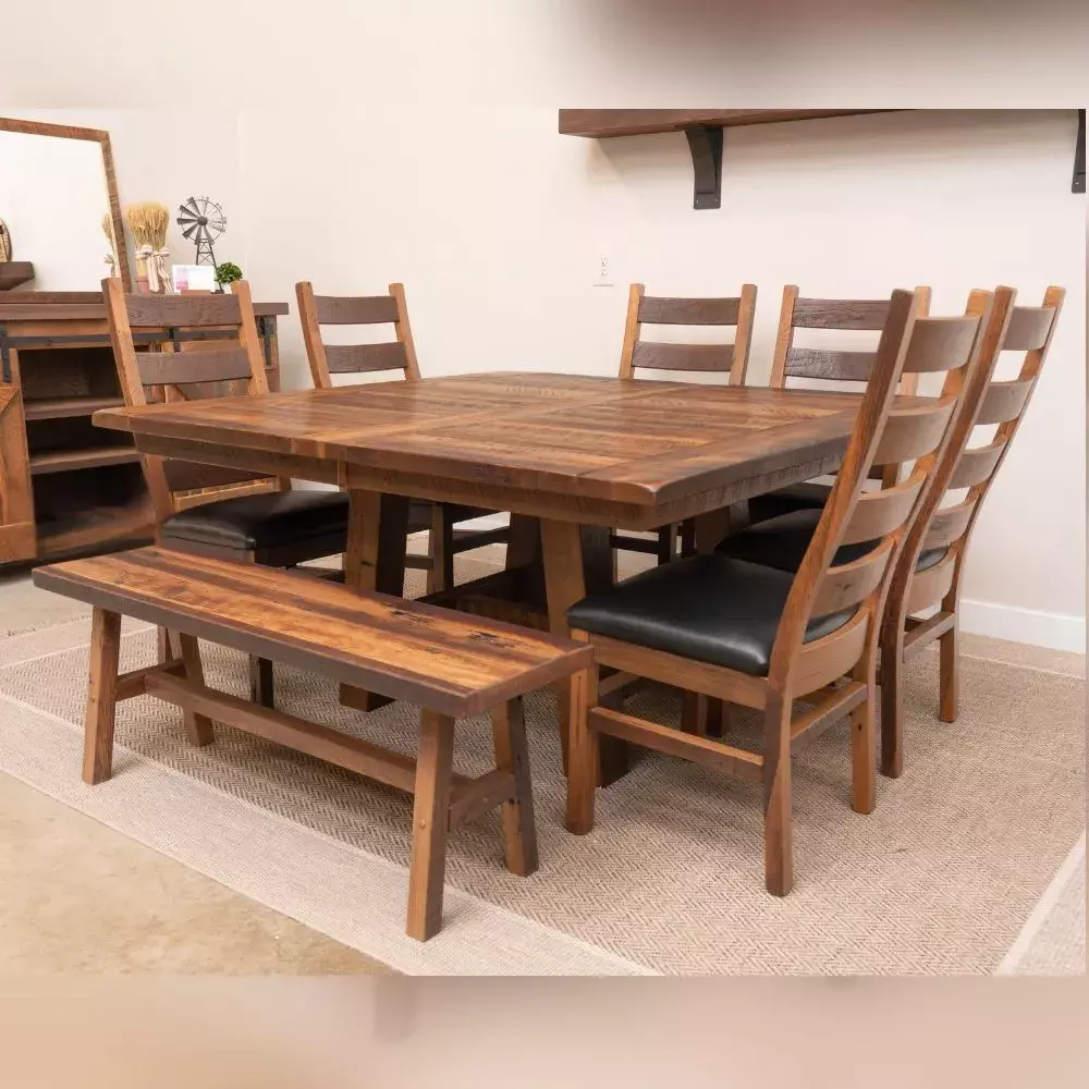 reclaimed wood table, chairs, and bench