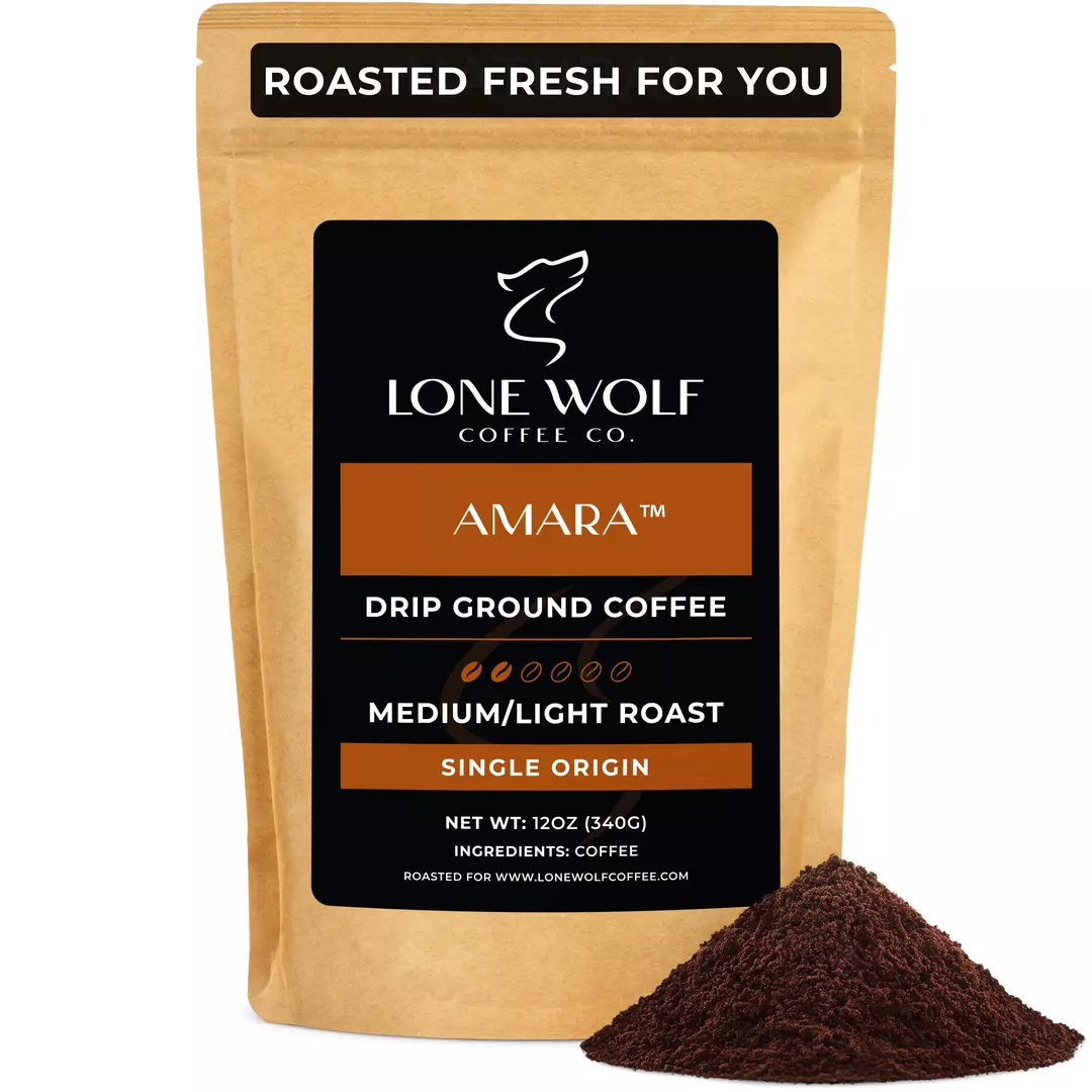 One 12oz bag of Lone Wolf Coffee’s Amara Medium-Light Roast Drip Ground coffee bag product photo
