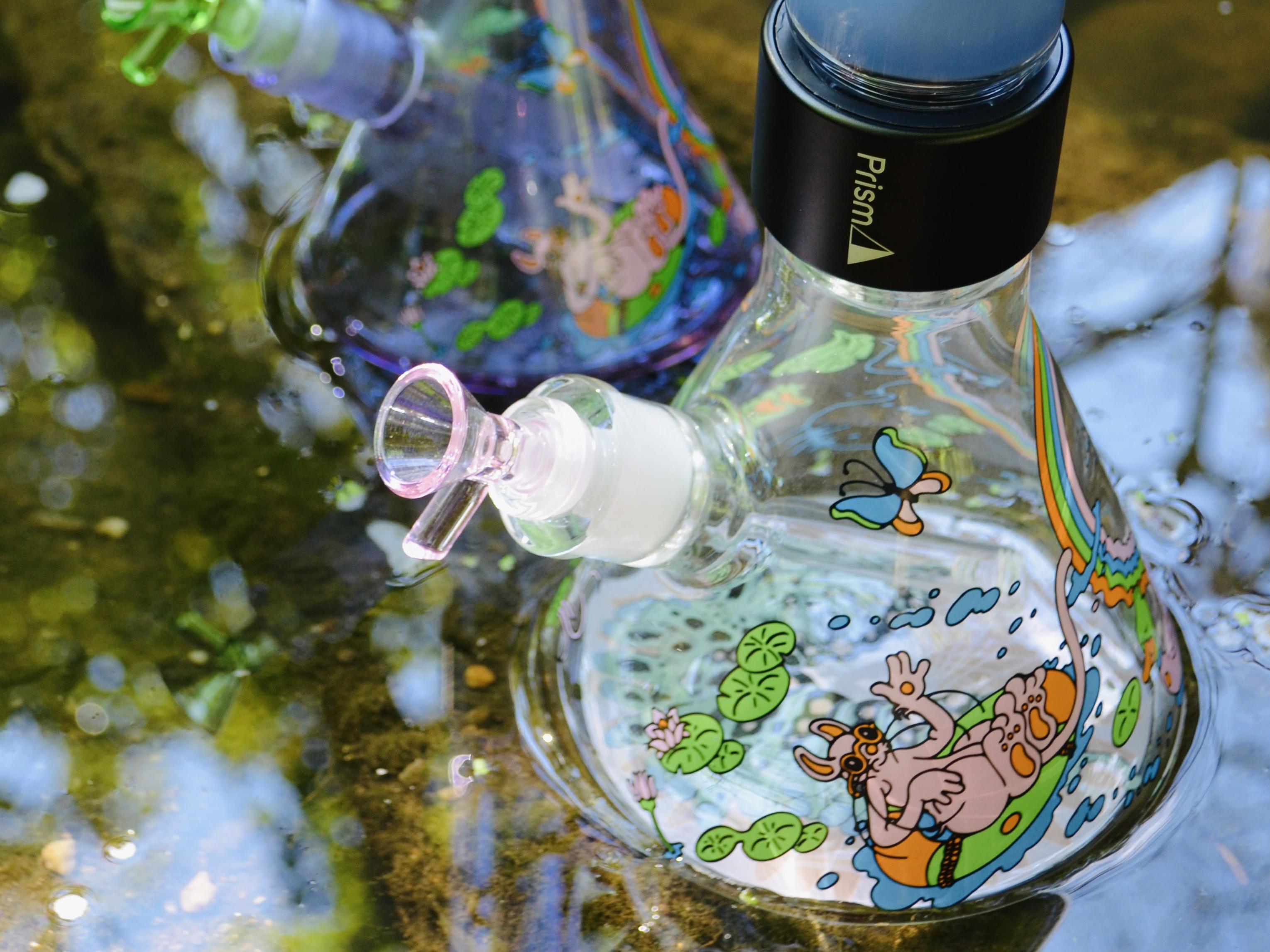 Two Prism glass beakers with Pond Life decals and halo connectors sitting at the edge of a stream