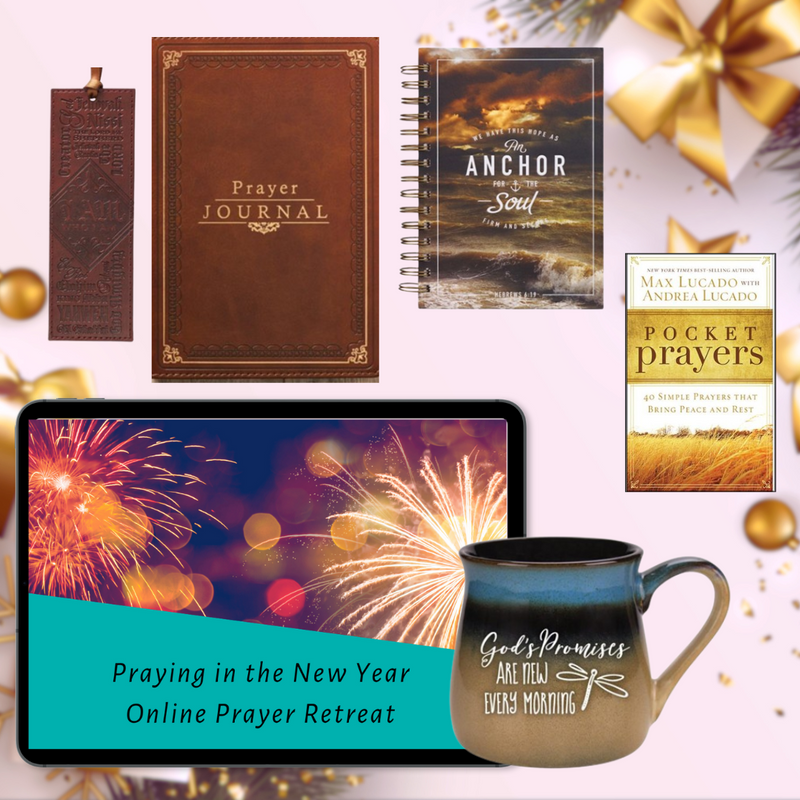 Praying in the New Year online prayer retreat with prayer books, journal, bookmark, and gift mug