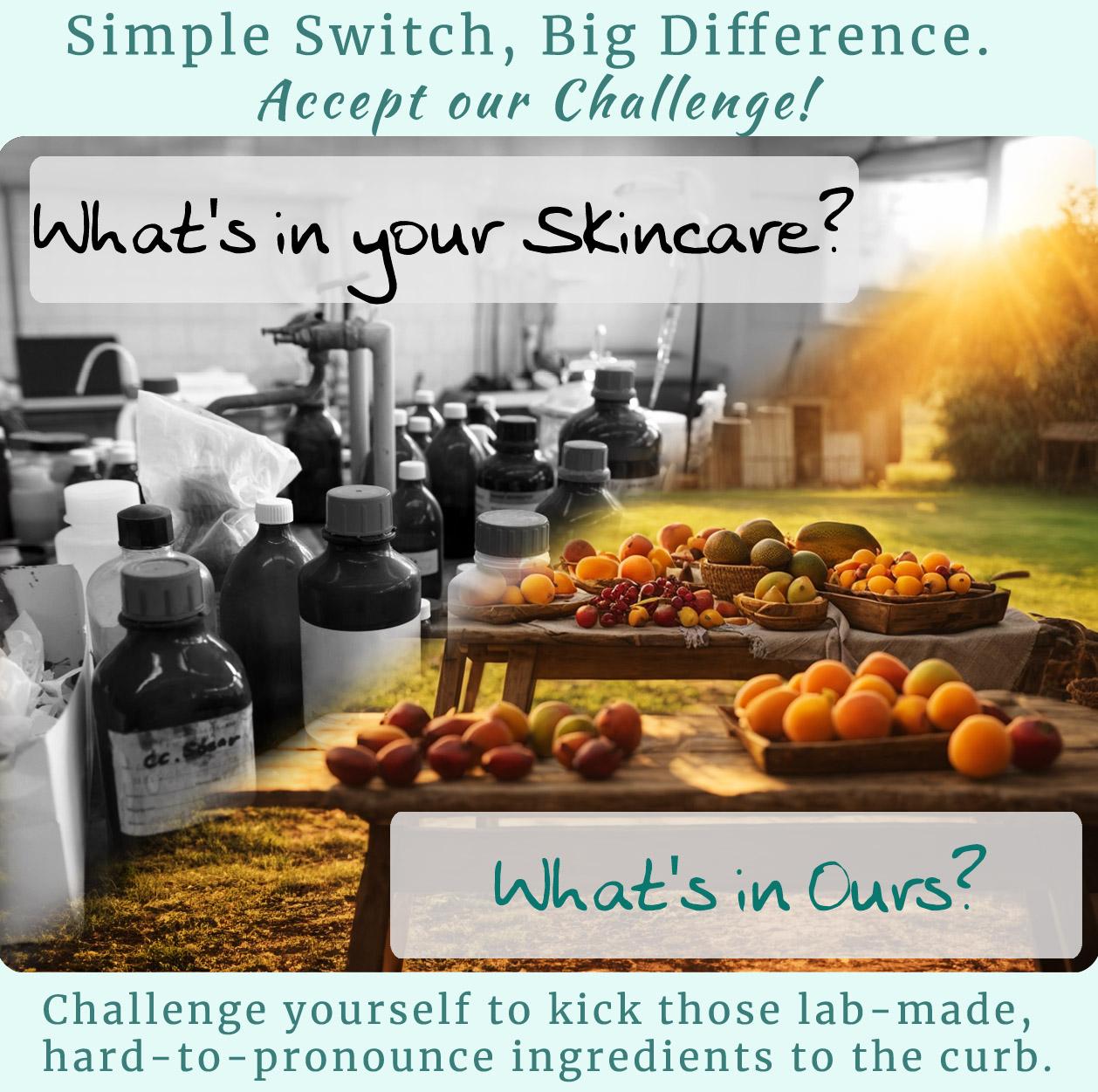 Skincare products with natural ingredients like apricots on a rustic wooden table, highlighting a challenge to switch from synthetic to natural skincare, by Bella Terra Oils
