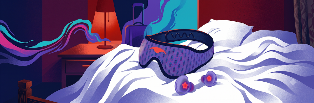 Sleep mask and earplugs resting on a hotel bed, the essential tools for how to recover from jet lag.