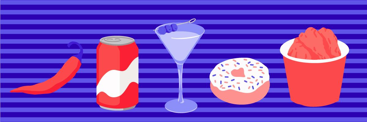 Examples of what not to eat before bedtime: spicy chili, soda, a martini, donut and fried chicken drumstick.