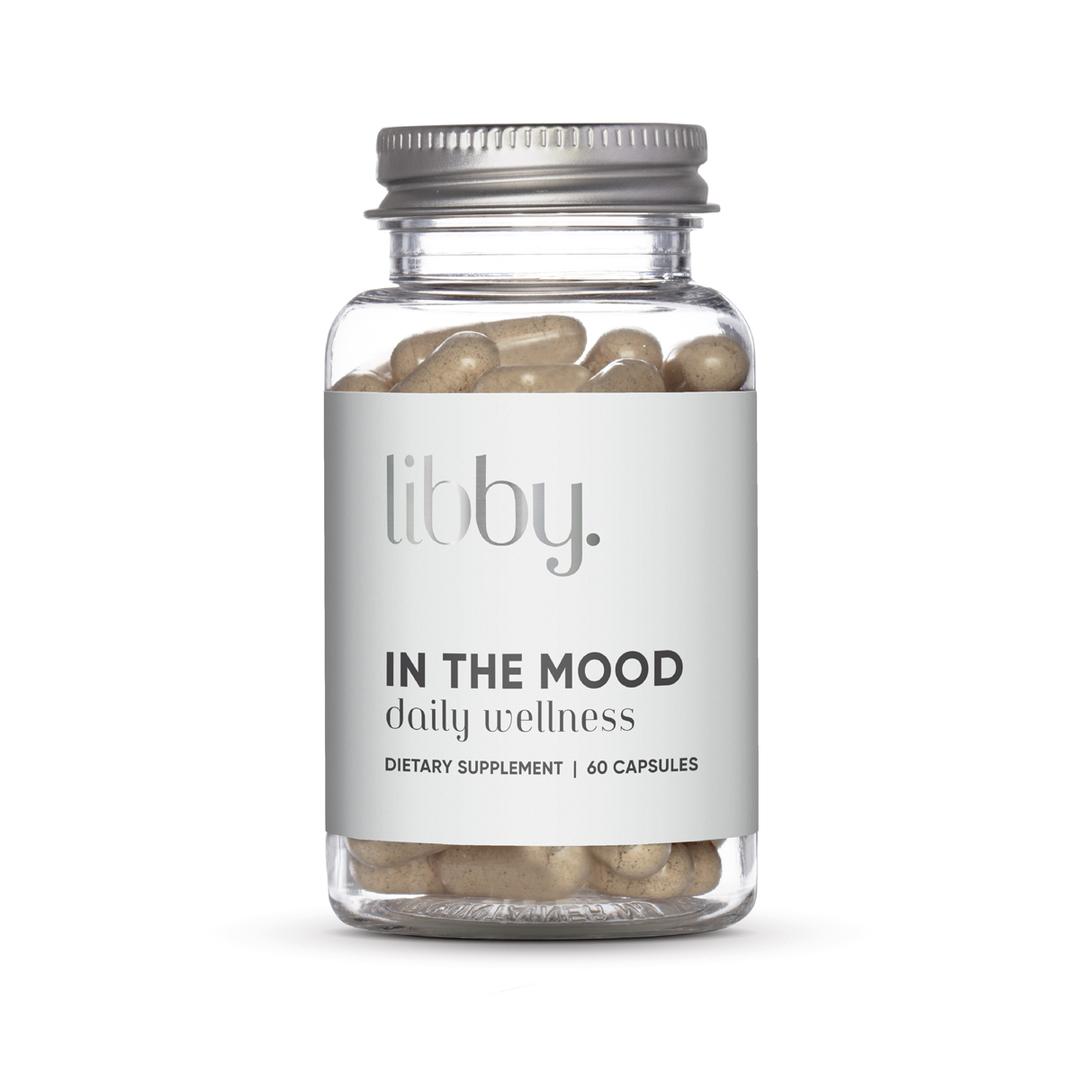 Bottle of Libby capsules on a white background.