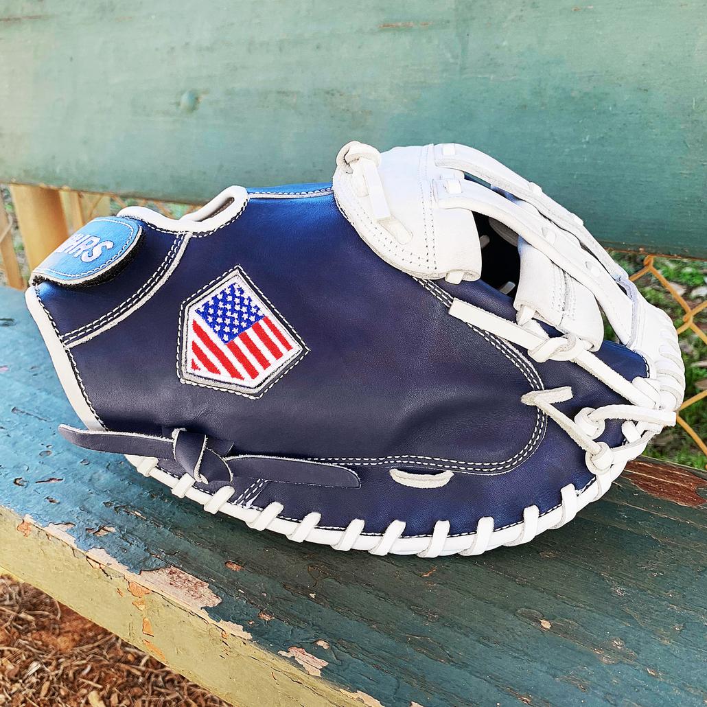 13 Softball First Base Mitt - White with Navy Laces – Hit Run Steal