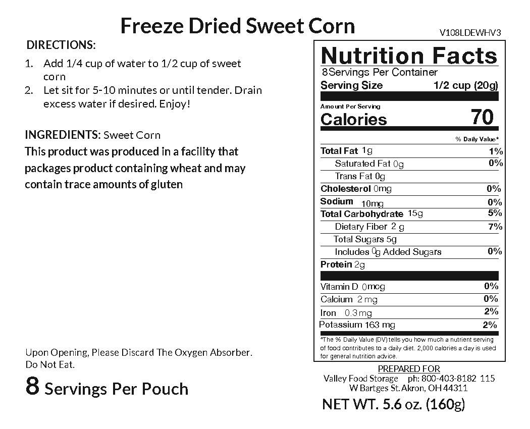 Valley Food Storage Freeze-Dried Sweet Corn Long Term Food Storage Nutrition Label