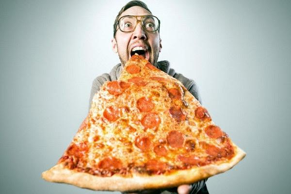 Nerdy Man Eating Huge Pizza Slice Glasses Pepperoni and Cheese