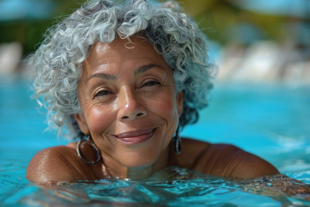 older woman smiling while swimming in a pool.