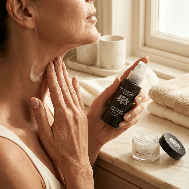 Pre-Eminent Beauty Serum and Imperial Eye Gel being applied — the entire two-step morning routine.