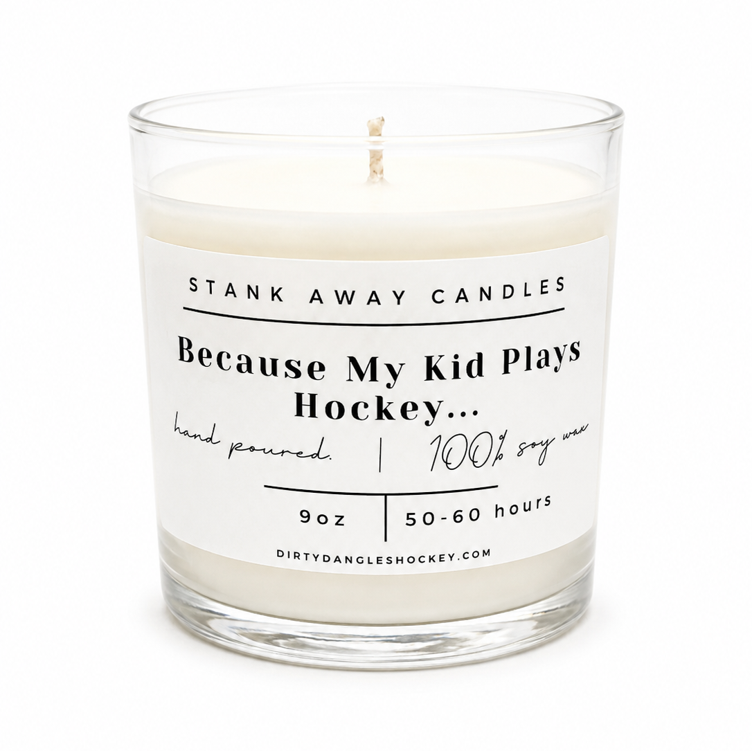 A white scented hockey candle on a white background. Because my kid plays hockey....