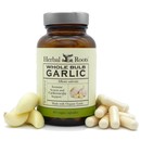 Bottle of herbal roots organic whole bulb garlic supplement with capsules and fresh garlic bulbs