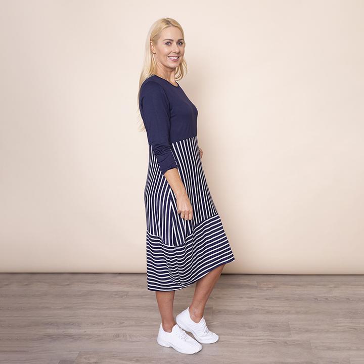Long Sleeve Stripe Dress in Navy