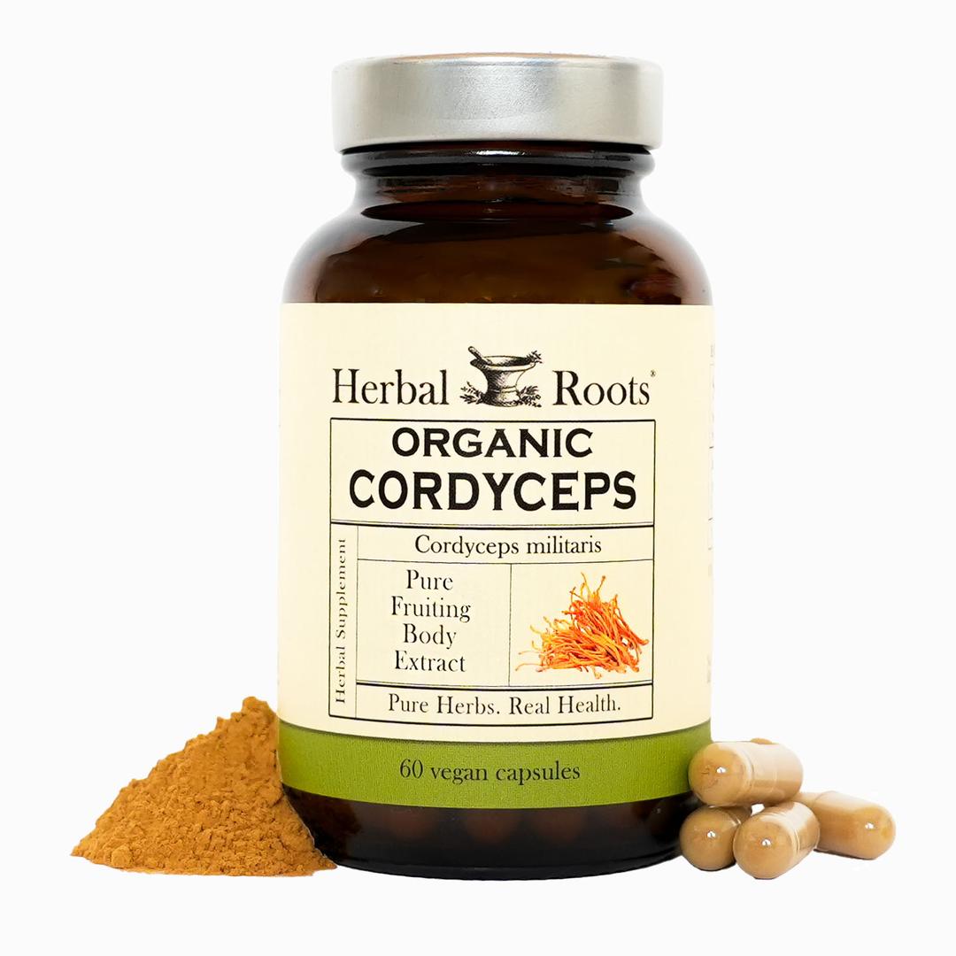 Bottle of Herbal Roots Organic Cordyceps with capsules and powder on a white background