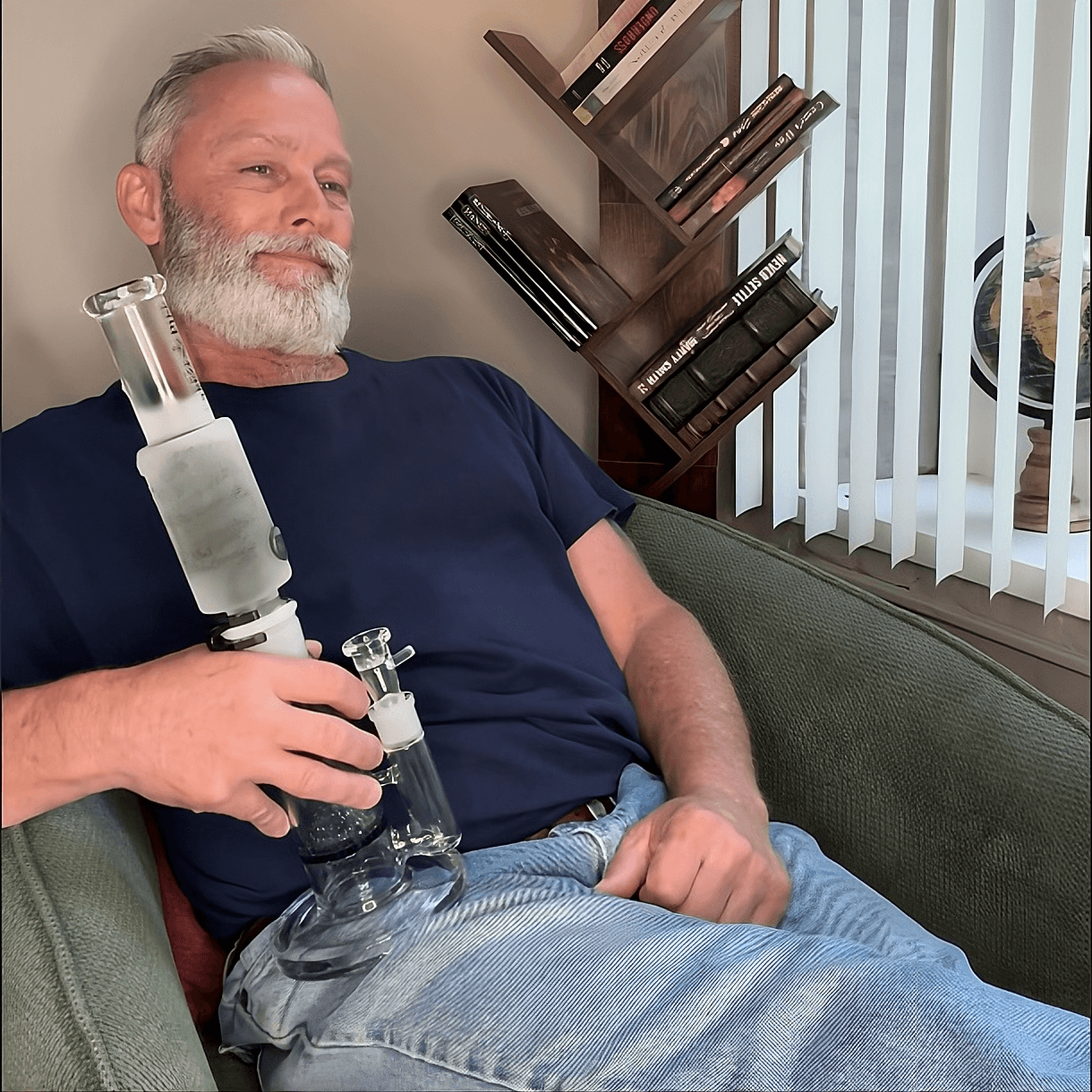 Old man holding a straight tube
