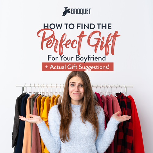  woman looking clueless, rack of clothes behind her. text reads: how to find the perfect gift for your boyfriend + actual gift suggestions!