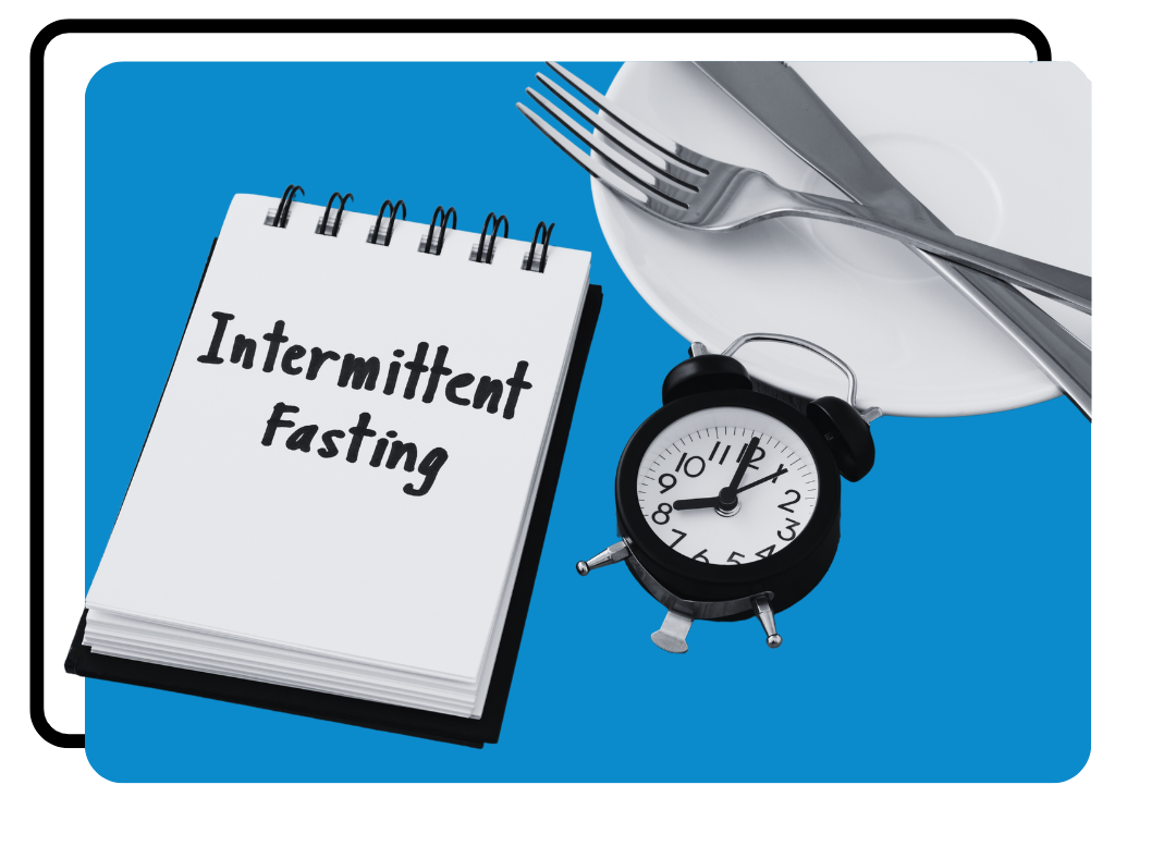 A notebook with the text "intermittent fasting" , a clock and an empty plate indicating someone is fasting.
