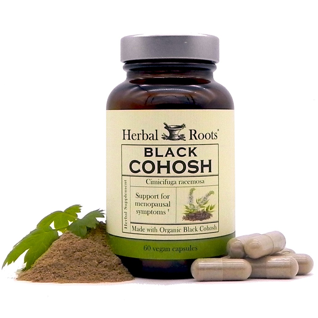 Herbal Roots Black Cohosh Bottle with capsules, black cohosh powder and black cohosh leaf