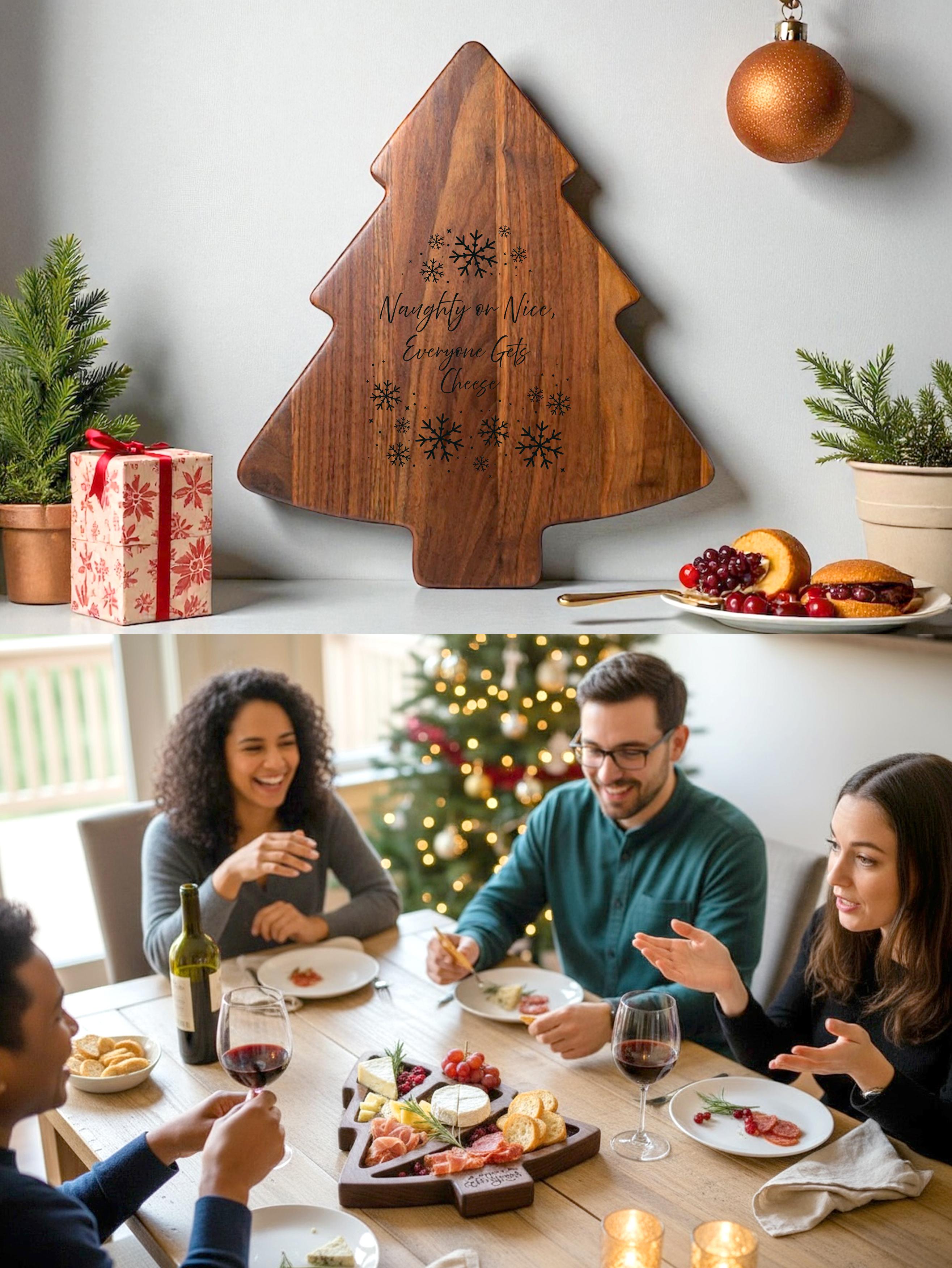 Christmas tree tray holiday board made from rich walnut wood, shown engraved on a festive shelf and used as a charcuterie board during a holiday gathering with friends around a Christmas tree.
