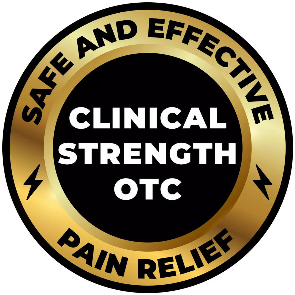 A gold and black icon with text, "Safe and Effective Pain Relief. Clinical Strength OTC"