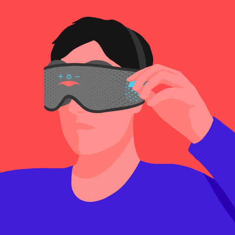 A person wearing a Bluetooth® Sleep Mask, tugging on the speaker tab located on the side of the mask.