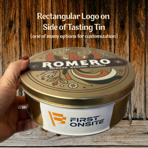 side view of a cookie tin with a logo sticker attached to side