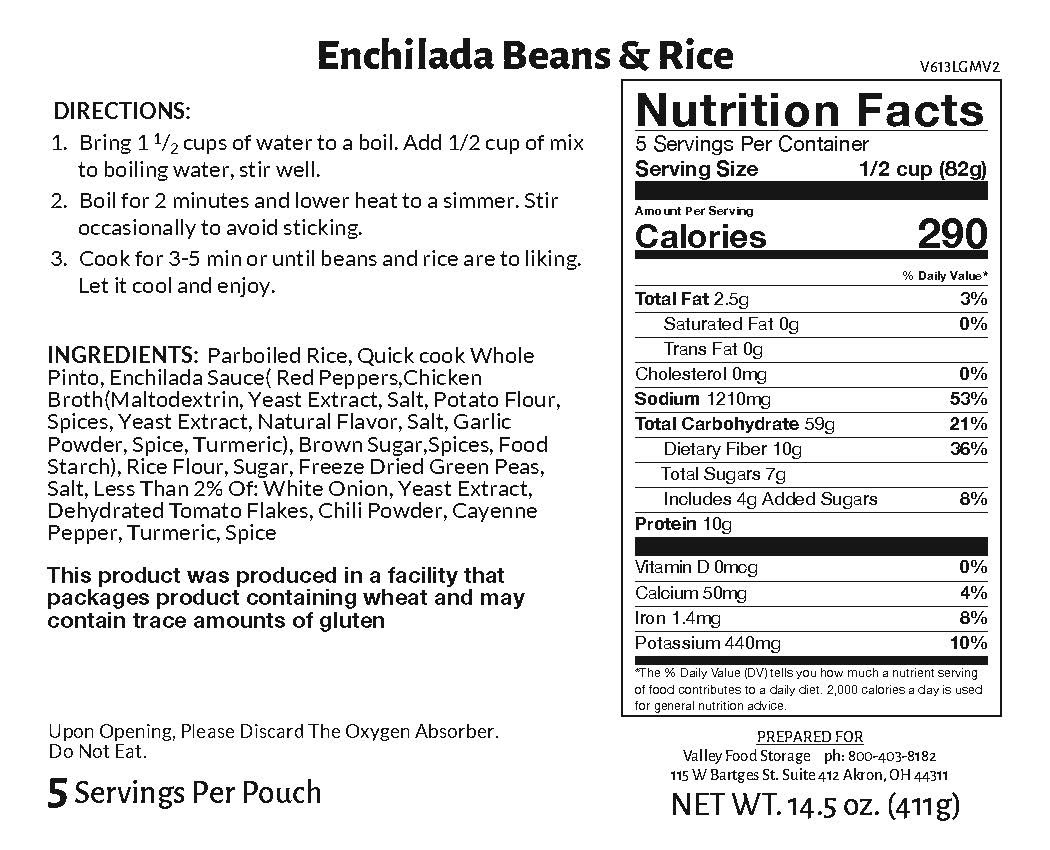 Valley Food Storage Enchilada Beans and Rice Long Term Food Storage Nutrition Label