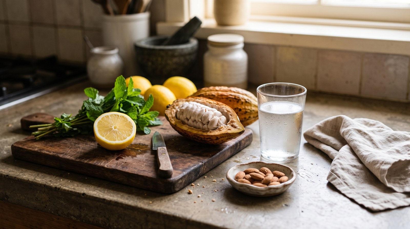 Kitchen counter with lemons, fresh mint, cacao pods and a glass of water in morning light