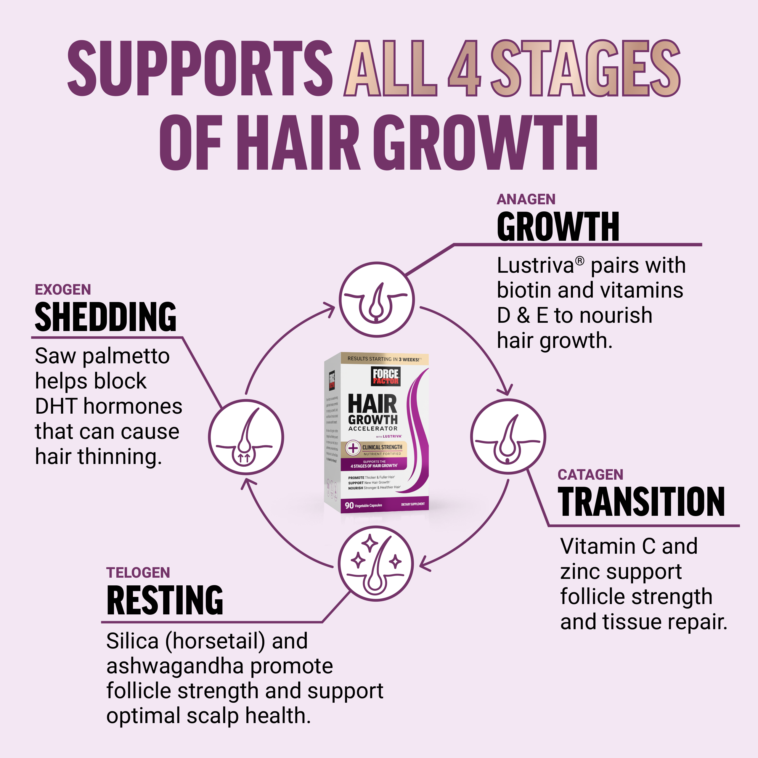 Supports All 4 Stages of Hair Growth; hair growth vitamins, hair growth supplement, lustriva