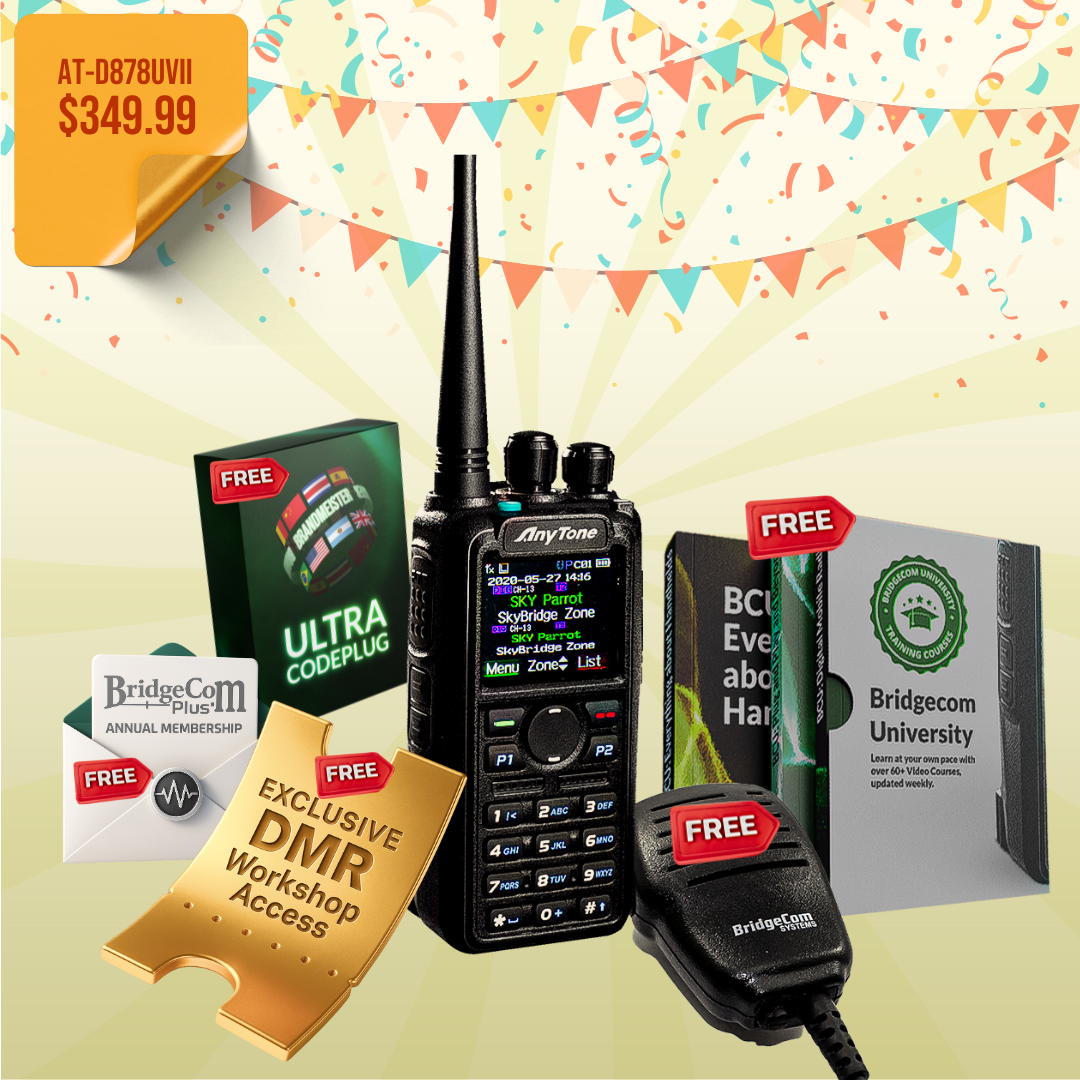 An AnyTone AT-D878UVII Plus handheld radio with accessories is displayed among books, a membership card, and a gold workshop pass. Priced at $349.99, it includes a FREE $97 training course—festive confetti and banners celebrate the offer.