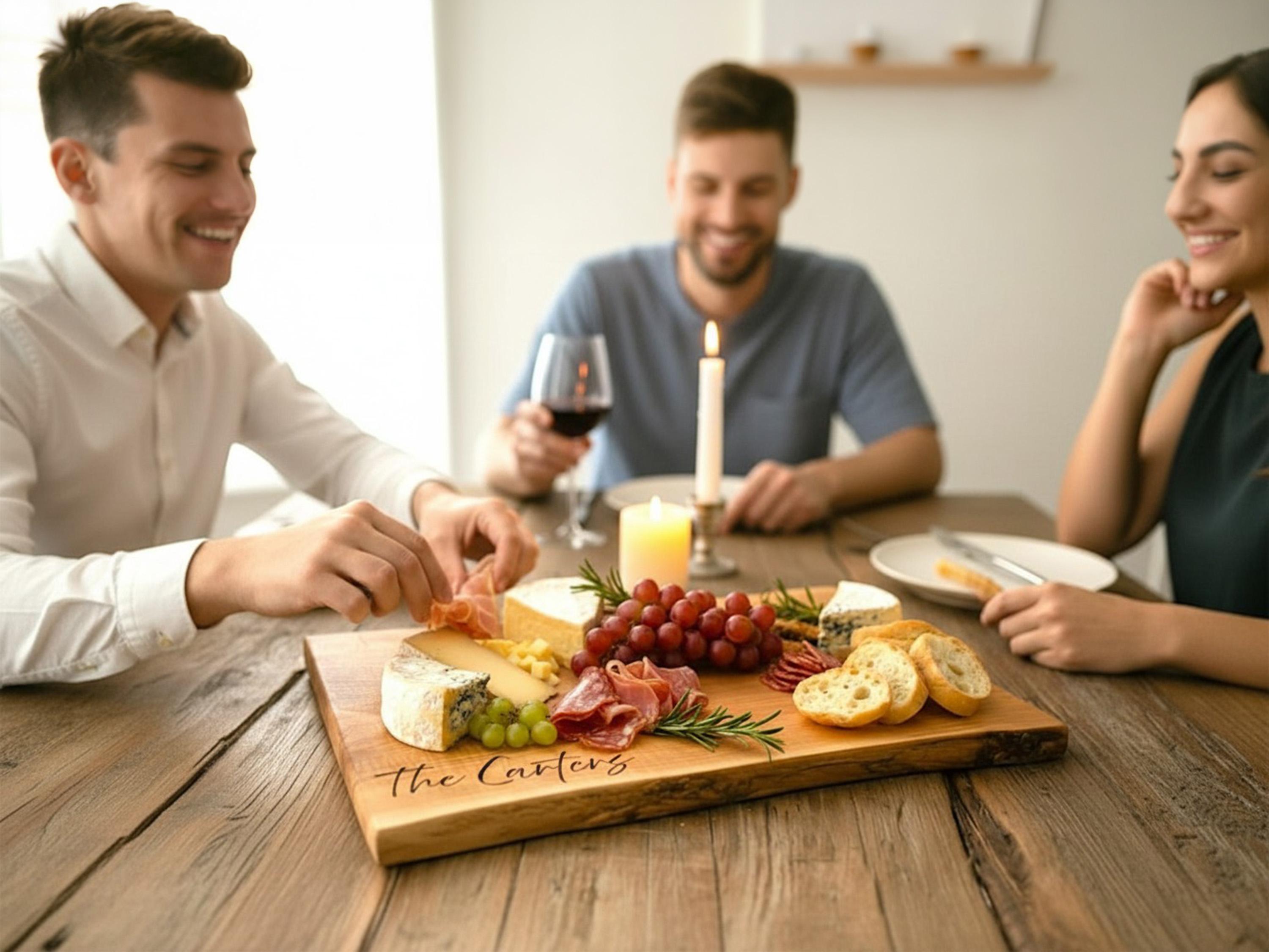 Friends enjoying food served on a live edge maple charcuterie board as a hostess gift