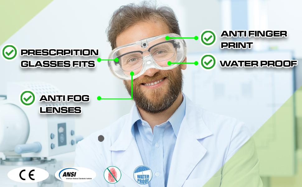 Safety Goggles - Lab Glasses - Medical Face Protection - Clear Lens Anti-Splash - Dust Proof Wearable Eyeglasses - 2 Pairs