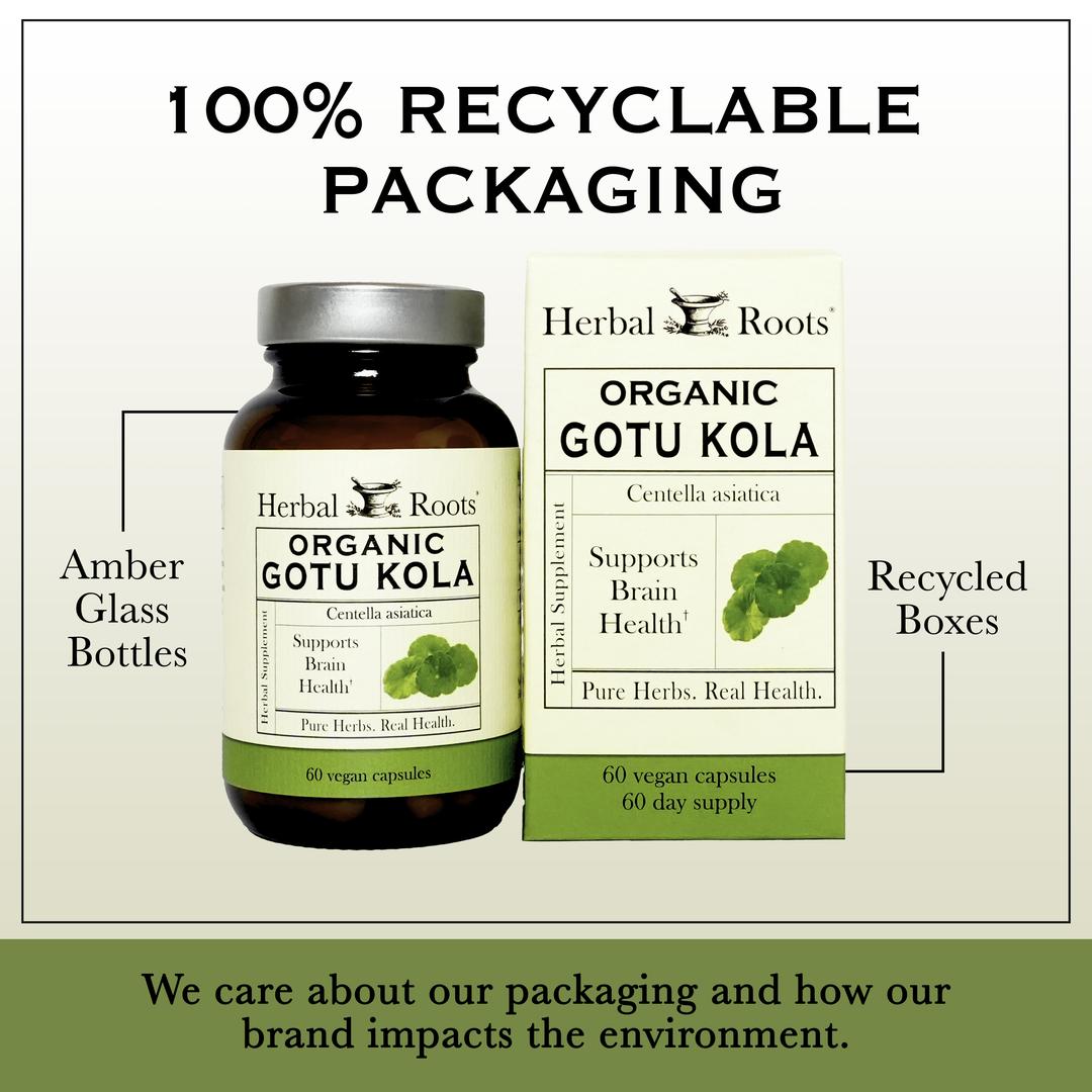 Bottle and box of Herbal Roots Organic Gotu Kola. Above box and bottle it says 100% Recyclable Packaging. Arrow to left of bottle says "Amber Glass Bottles." Arrow to right of box says "Recycles Boxes." Below image says "We care about our packaging and how our brand impacts the environment."