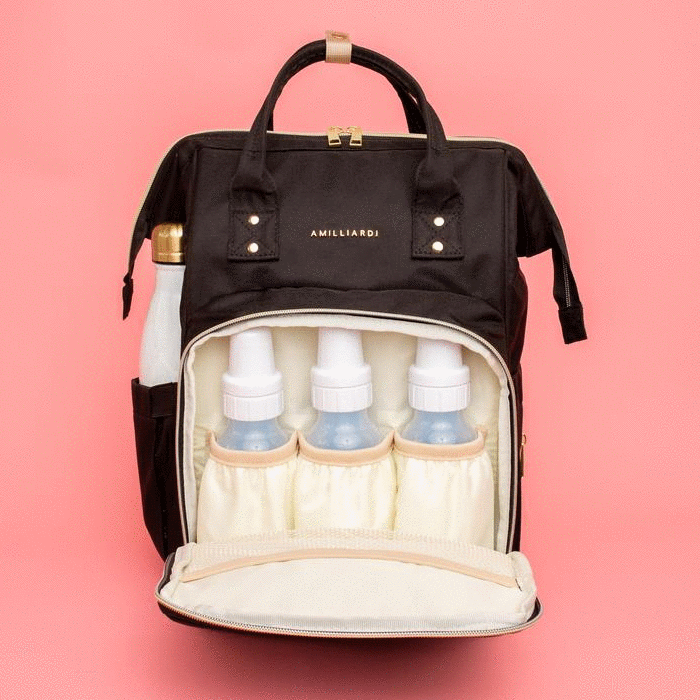 Amilliardi Diaper Bag Backpack - 6 Insulated Bottle Holders - Detachable Stroller Straps