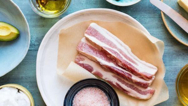 Bacon Strips on Brown Sheet on Plate Salt Oil Avocado Salt